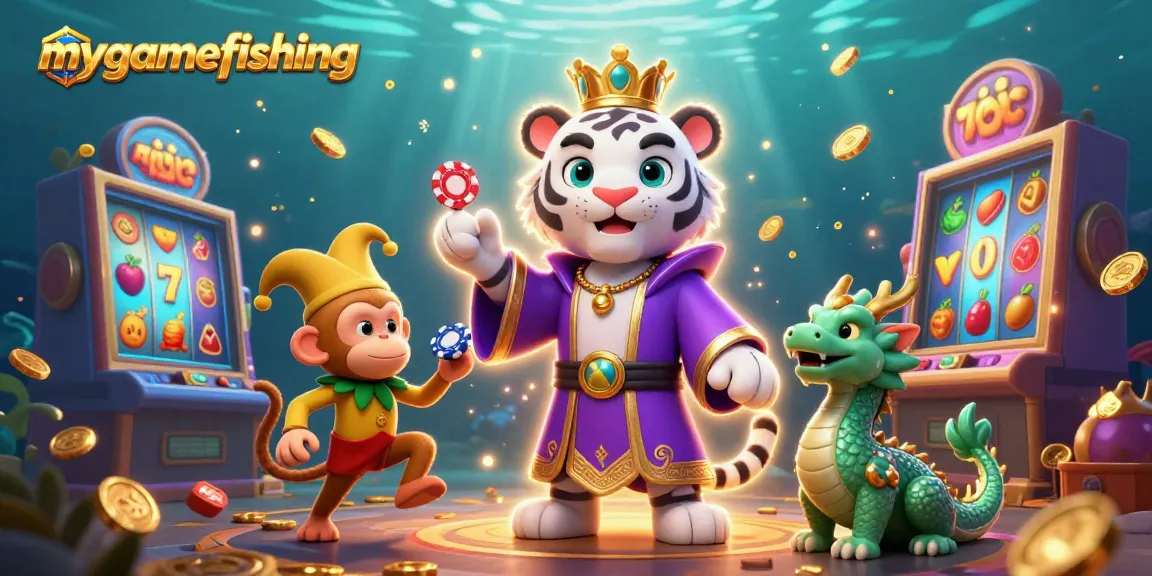 Engage with mygamefishing in a vibrant underwater casino scene featuring mystical characters and slot machines.