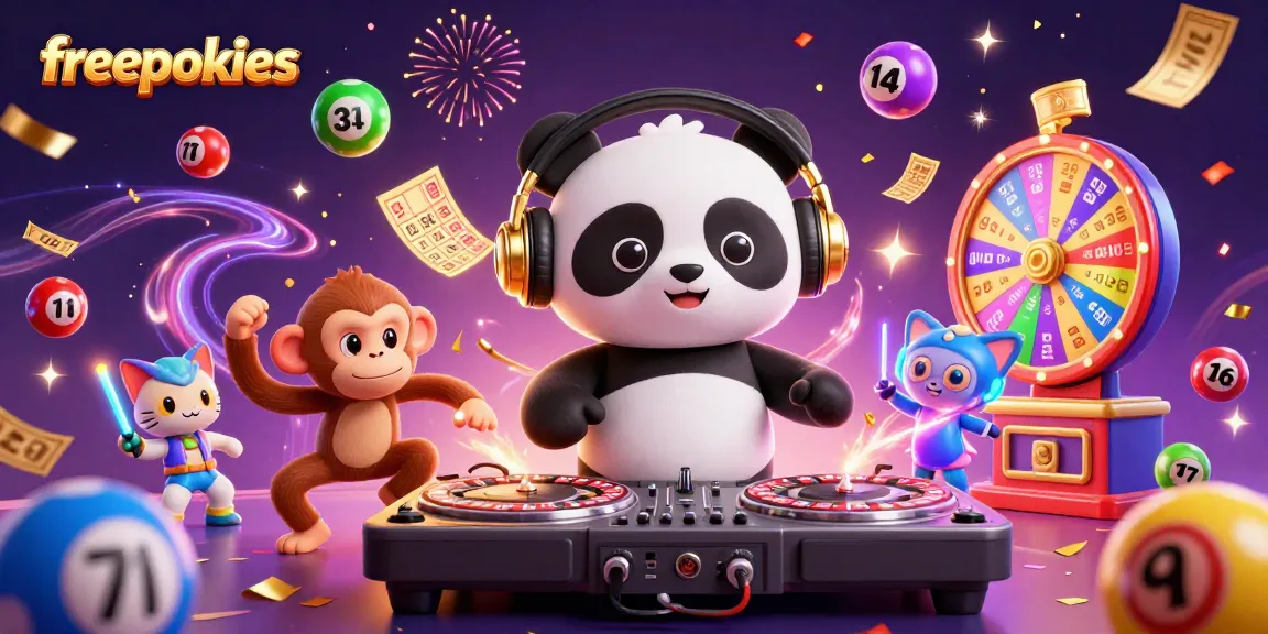 Experience thrilling freepokies with DJ panda, dancing monkey, and rave kitten in a vibrant casino setting.