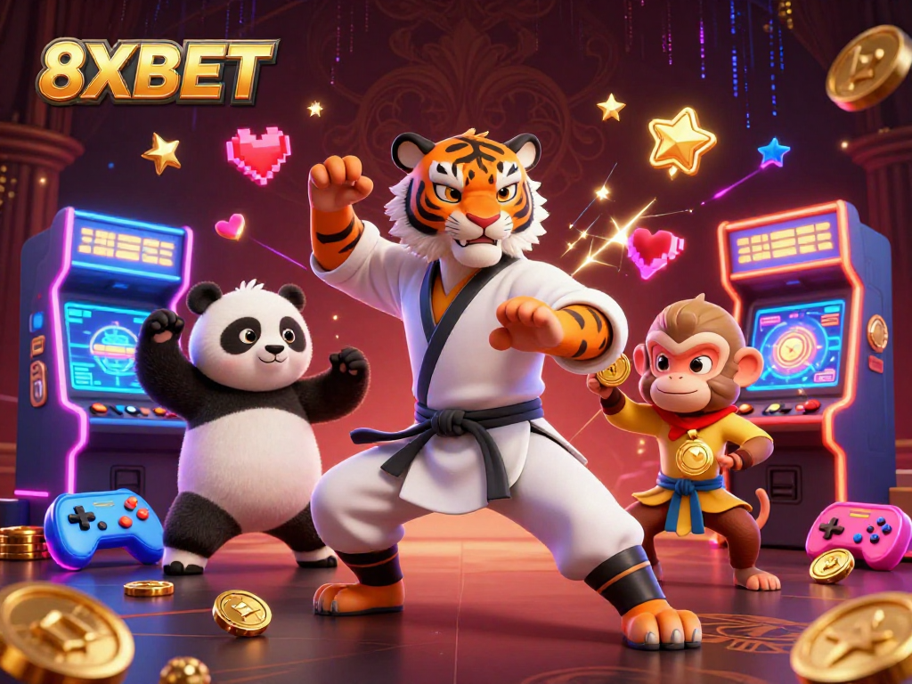 8XBET offers thrilling gaming experiences with a vibrant 3D illustration of a kung fu master and friends.