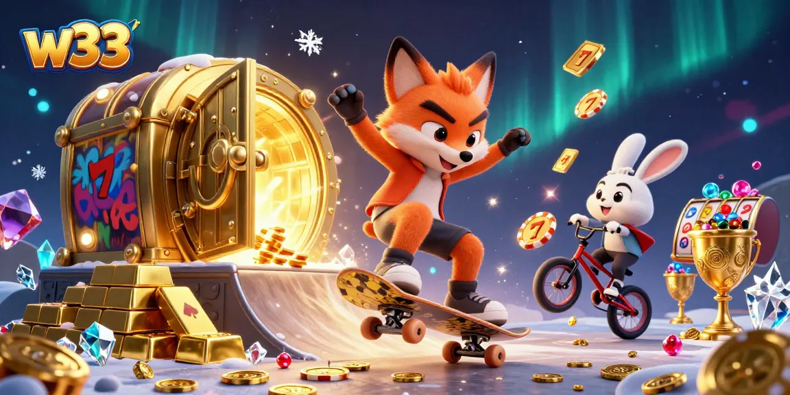 Join the fun with w33 pokies featuring a skateboarding fox and BMX rabbit soaring over golden poker chips.