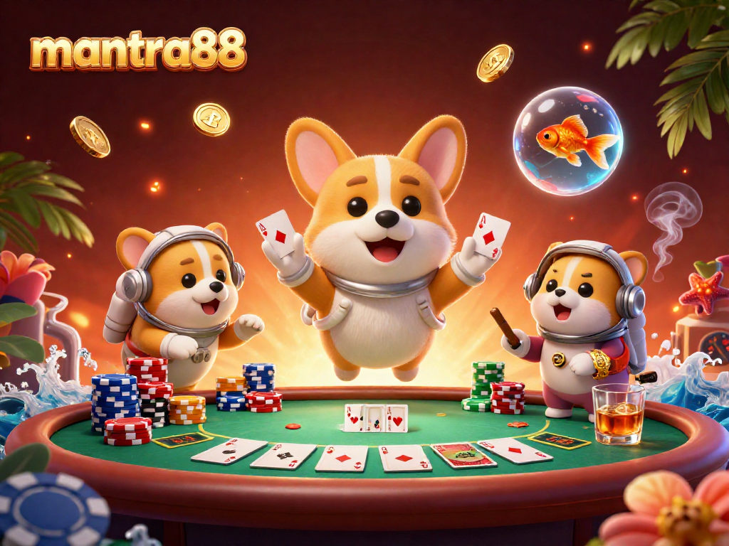 Experience excitement and wins with mantra88 in a dynamic casino scene featuring a playful astronaut corgi.