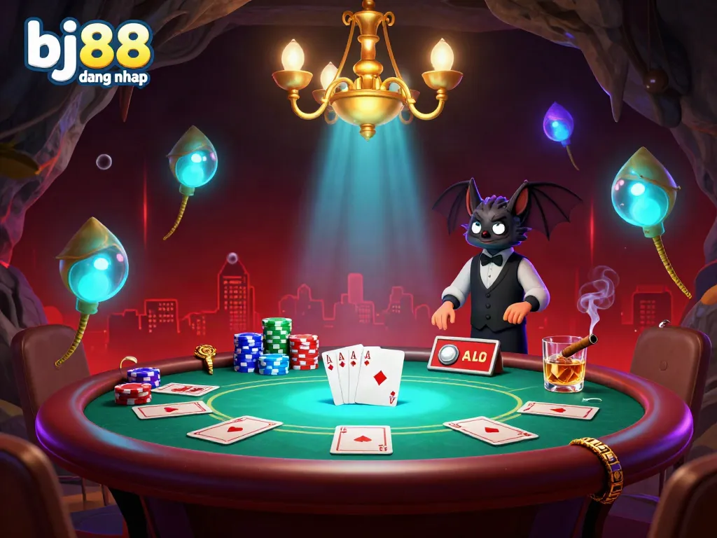 Experience the excitement of bj88 dang nhap in a lively cave casino illuminated by glowing creatures.