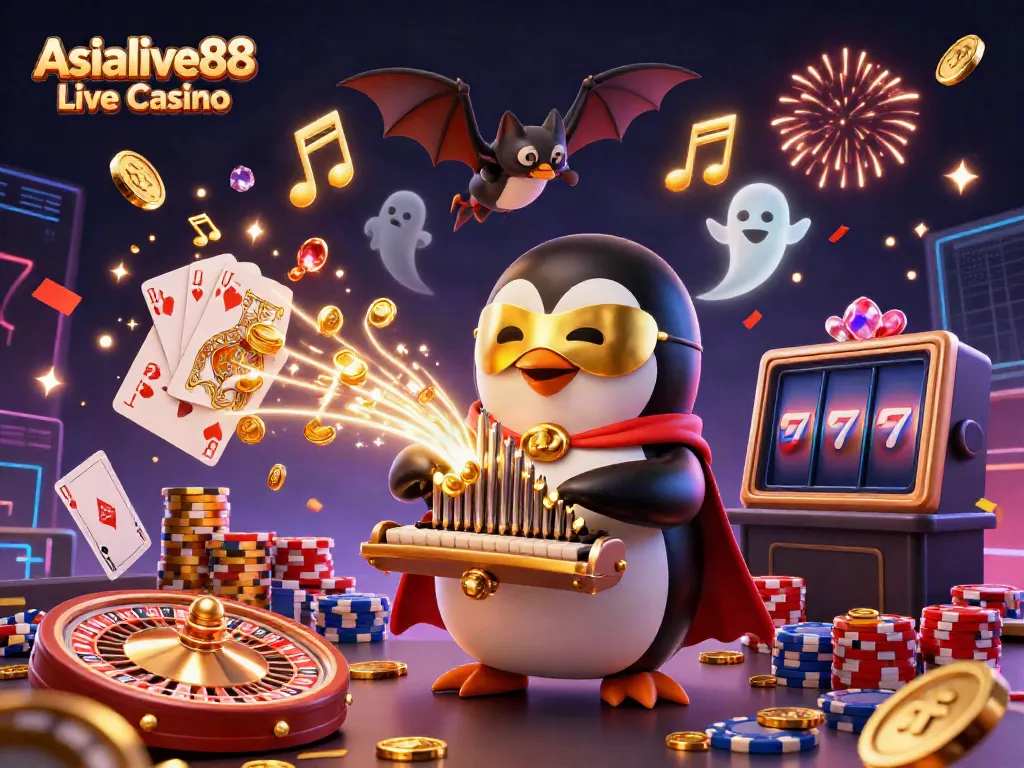 Experience the thrill of Asialive88 Live Casino with dynamic 3D elements featuring golden coins and games galore.
