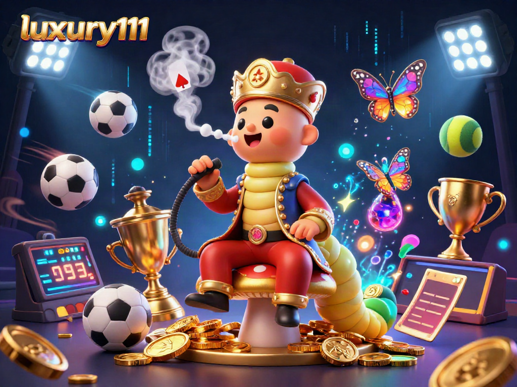 Play at luxury111 with a vibrant casino scene featuring dynamic sports elements and a whimsical sultan caterpillar.