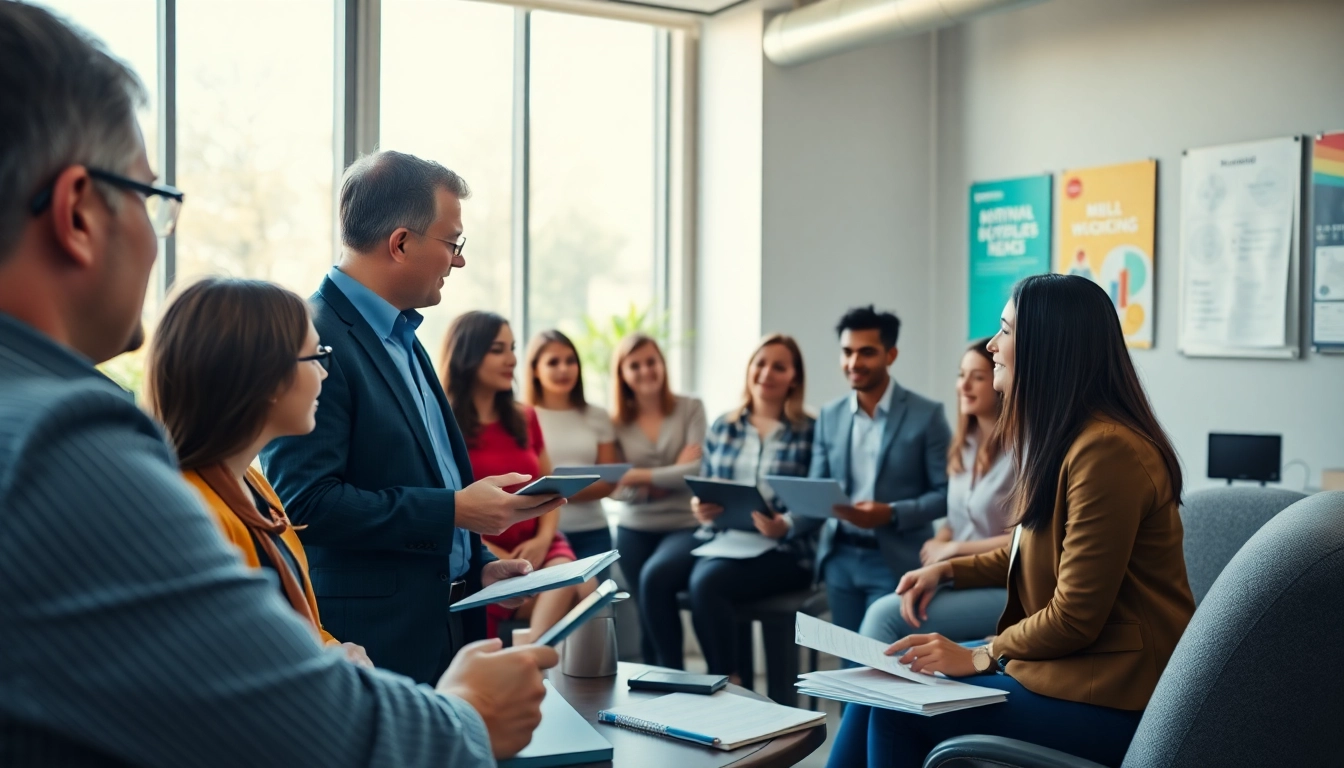 Engaged individuals in a career coaching session using visuals in a modern office.