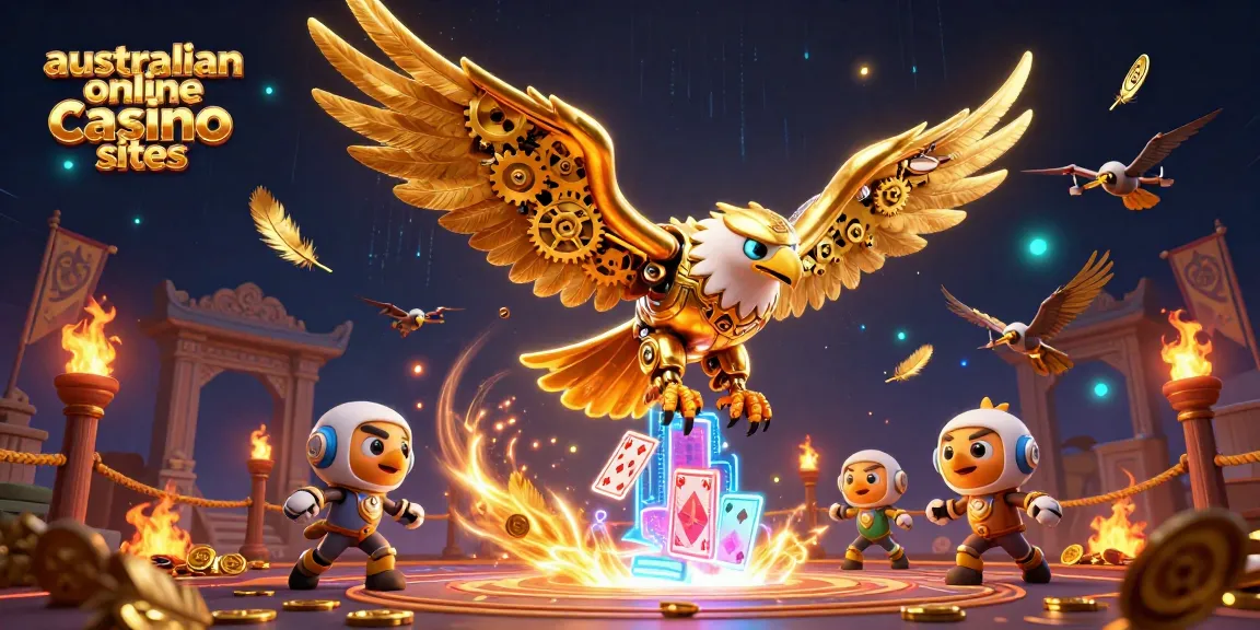 Engage in thrilling action at australian online casino sites with golden eagle among holographic cards.