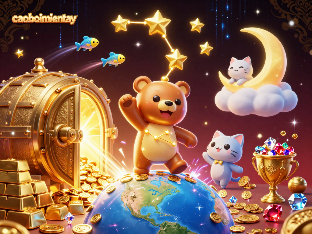 Engage in thrilling adventures with caoboimientay featuring gold treasures and animated stars in a vibrant night scene.