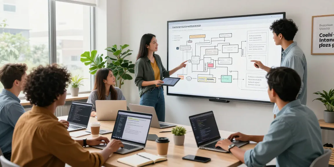 Build internal tools with AI in a vibrant software development workspace featuring a collaborative team.