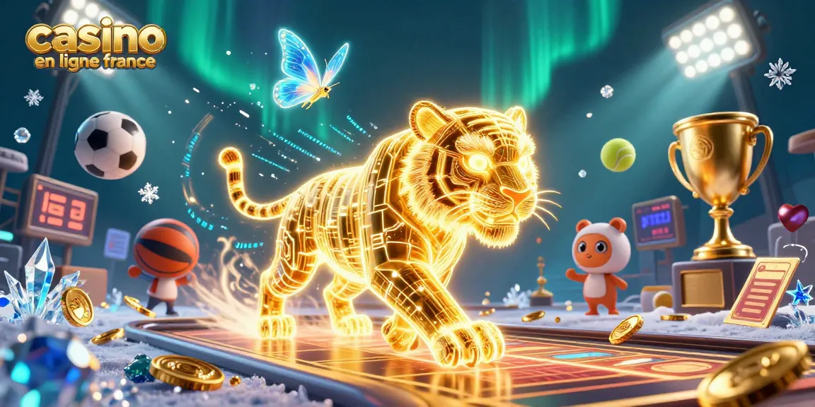 Jouez au casino en ligne France avec un tigre lumineux et des ballons de sport dans un paysage numérique animé.