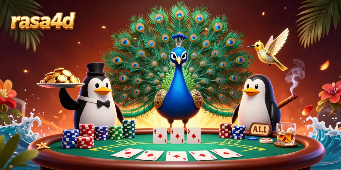 Rasa4d menawarkan aksi seru dengan burung merak dan penguin menyampaikan chip emas di kasino.