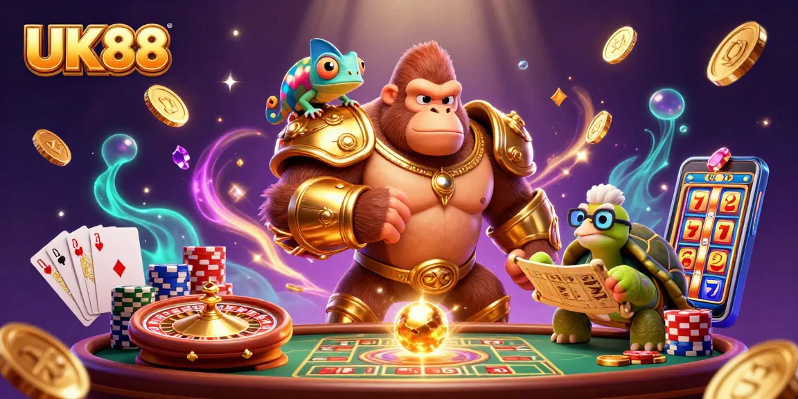 Exciting UK88 casino scene featuring a strong gorilla king, chameleon companion, and tortoise elder amidst games and riches.