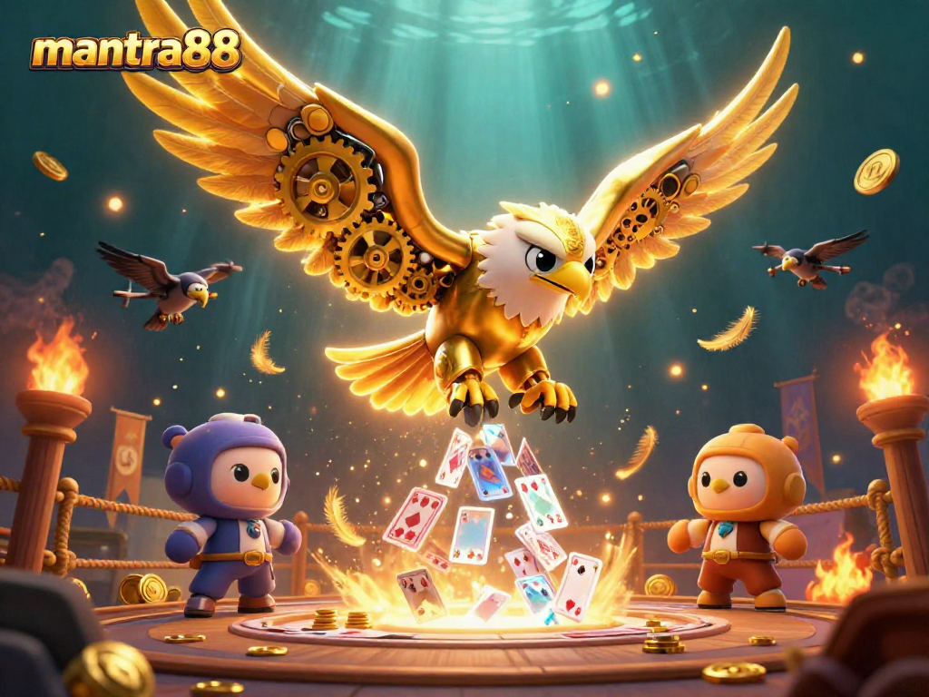 Experience winning at mantra88 with a golden eagle amidst holographic cards and betting tokens in a dynamic scene.