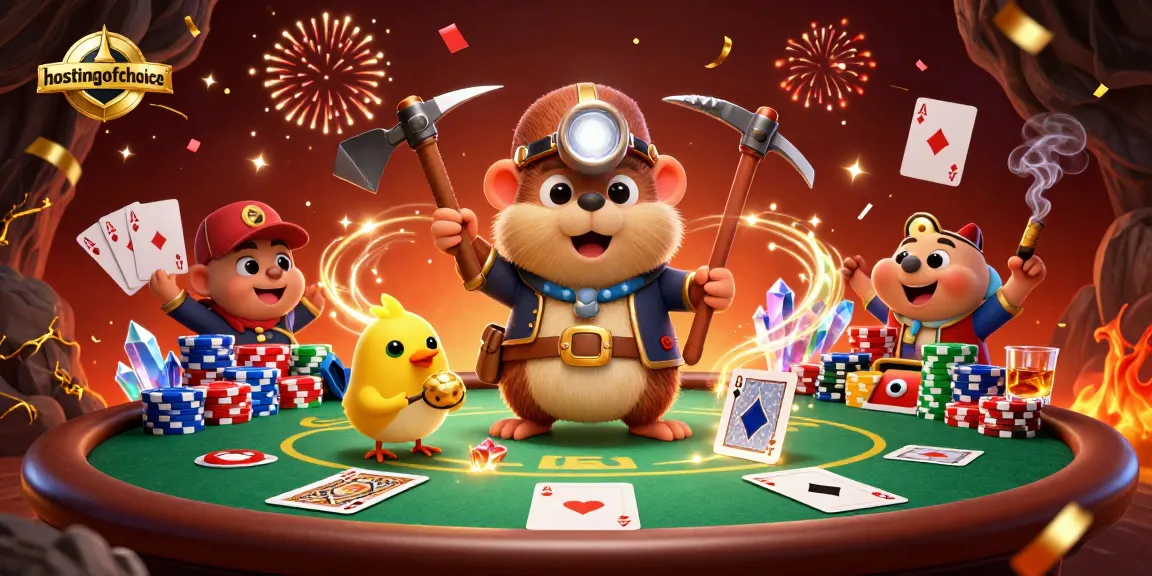 Engage in winning gameplay at hostingofchoice with a vibrant 3D casino scene featuring poker chips and treasure.