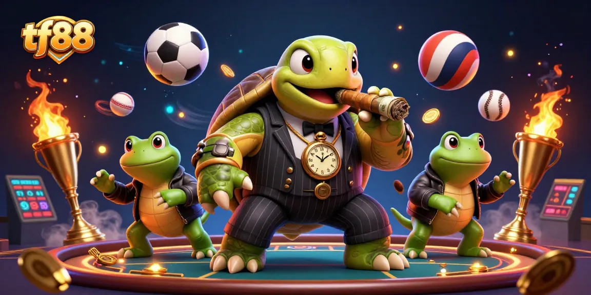 Experience thrilling gaming action with tf88's massive turtle and bullfrog enforcers amidst vibrant casino lights.