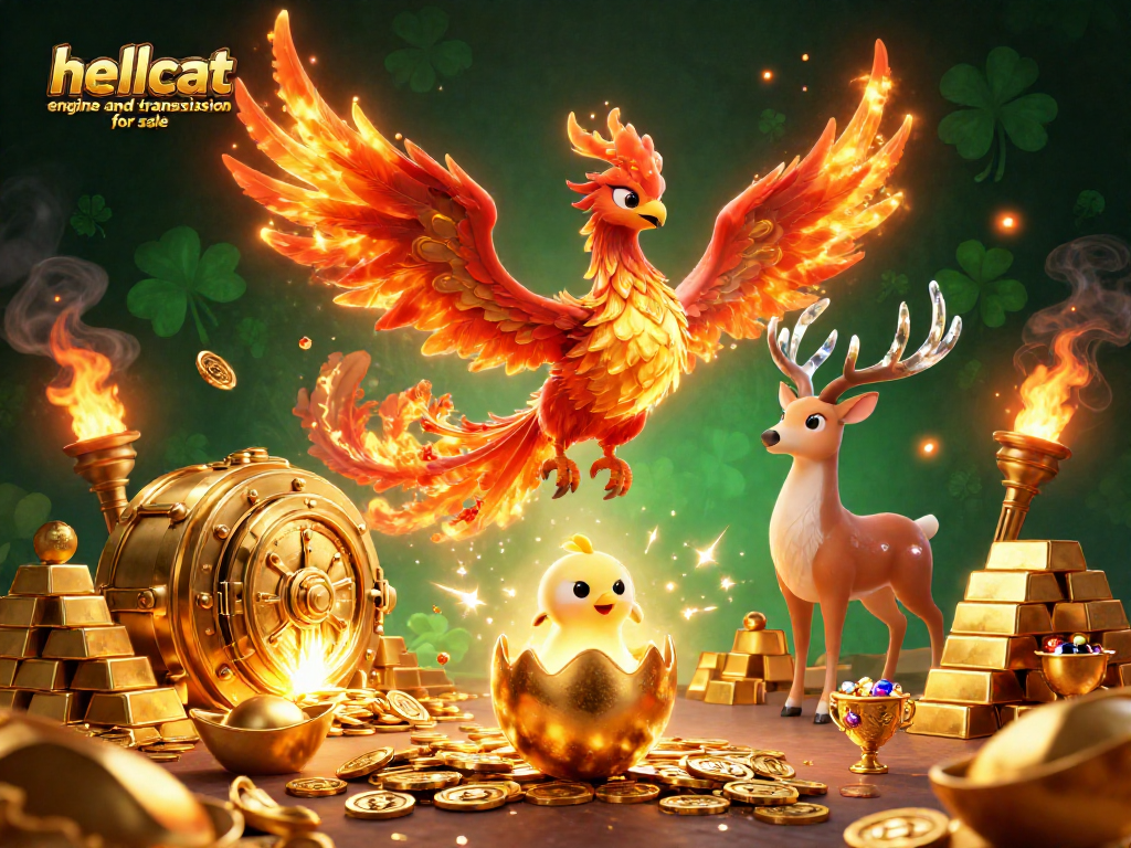 Spin to win with our featured hellcat engine and transmission for sale, sparkles of gold scattered across the scene.