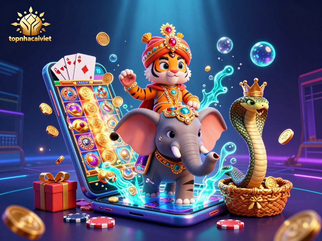 Engage with topnhacaiviet's vibrant casino experience featuring a maharaja tiger, jewel elephant, and slot game excitement.