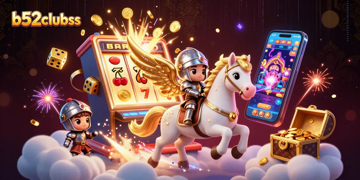 Battle the slots at b52clubss with an armored knight and celestial horse amidst a jackpot explosion.