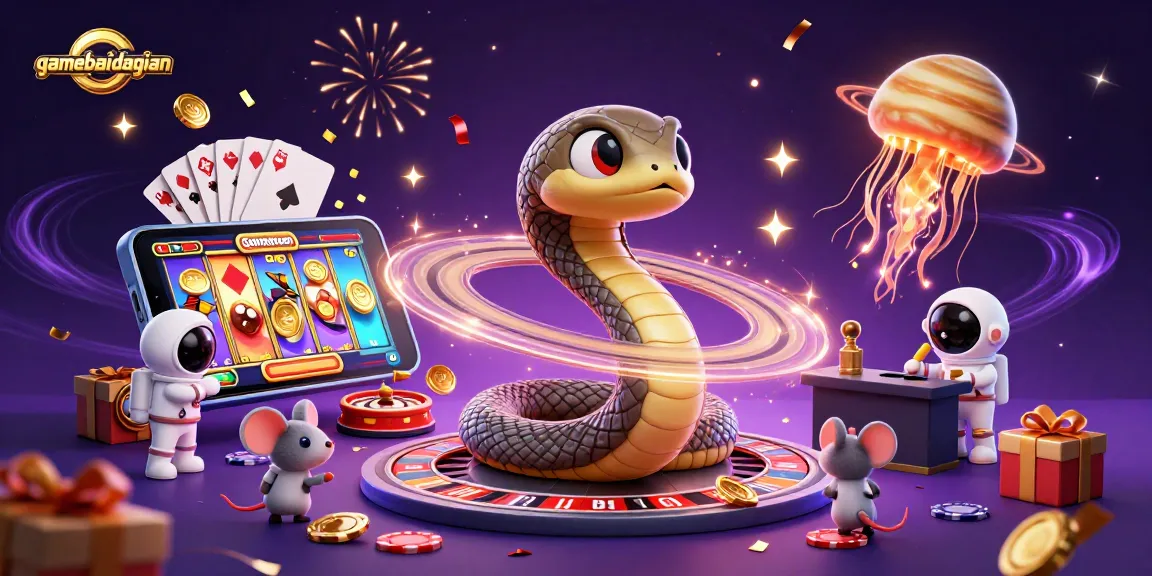 Experience thrilling gameplay with gamebaidangian in a vibrant 3D cosmic casino scene featuring unique characters and elements.