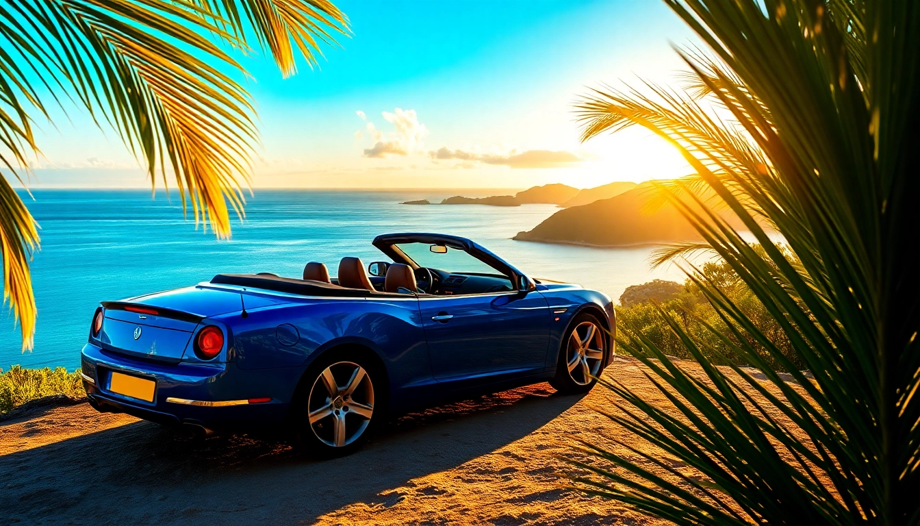 Experience luxury car hire saint barth with a stunning convertible on a scenic cliff.