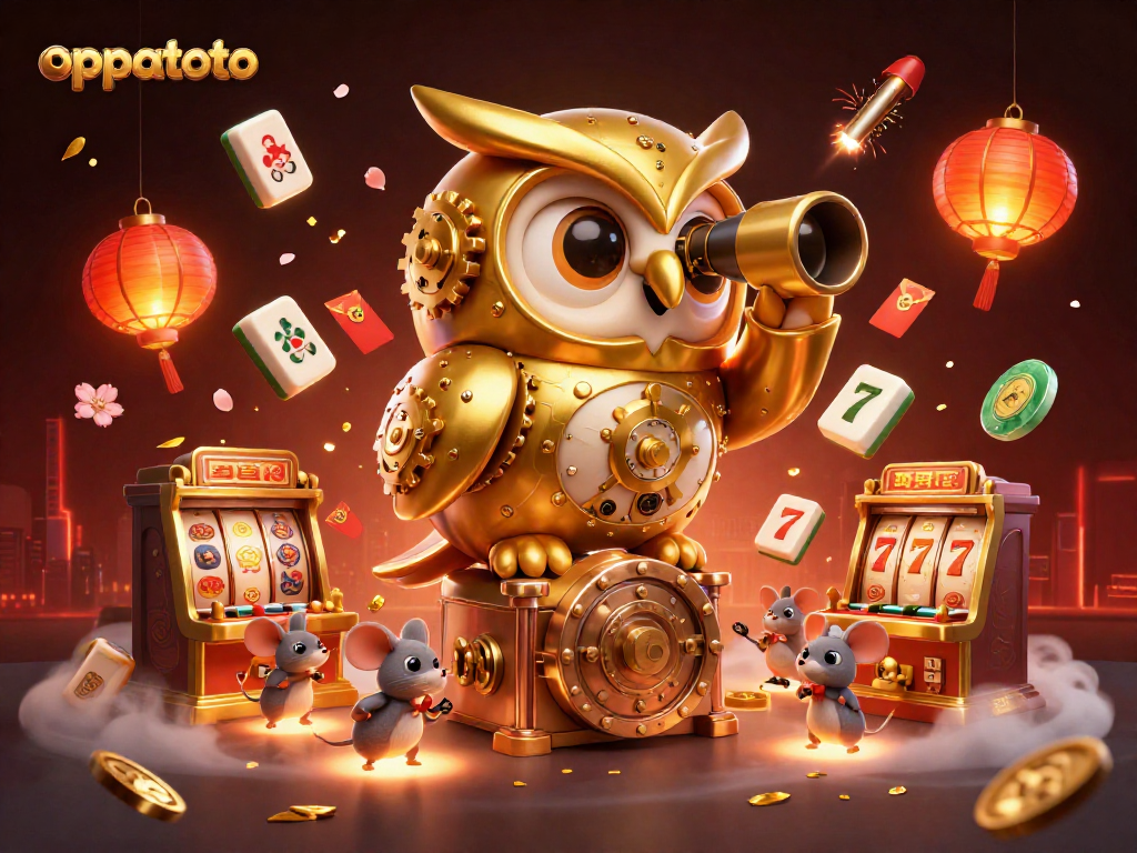 Enhance gameplay at oppatoto with a dynamic casino scene featuring golden owl and exciting slot games.