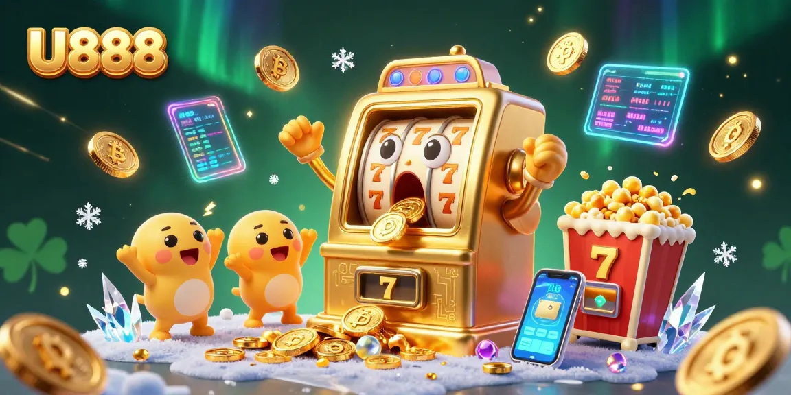 Experience the excitement of U888 with a golden slot machine hitting a jackpot amidst glowing cryptocurrency.