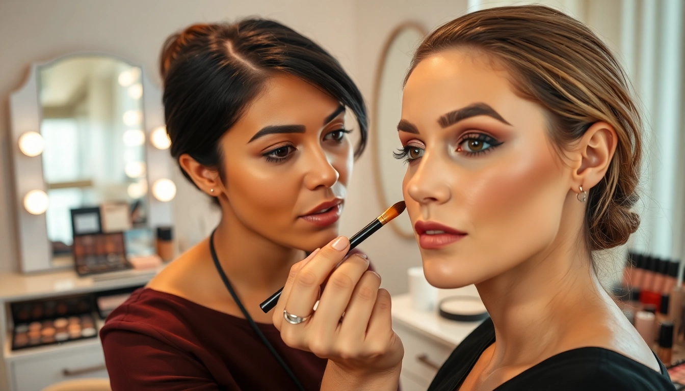 Trucco personalizzato eseguito da un truccatore professionista su un cliente in un ambiente luminoso.