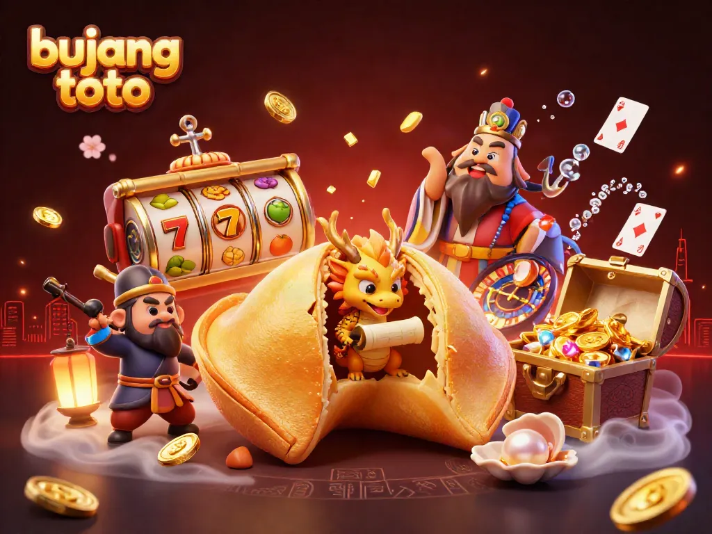 Bujang toto highlights winning strategies with a 3D cartoon golden fortune cookie and treasures in a casino-themed scene.