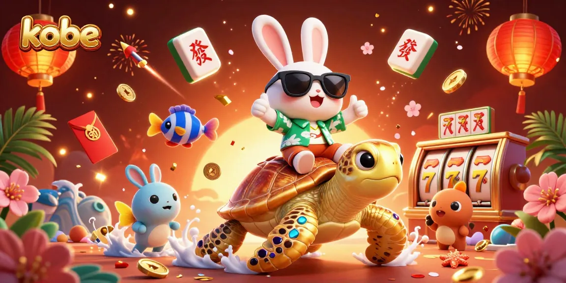 Play and win big with kobe-themed illustration showing a lucky rabbit and golden turtle in a vibrant casino scene.