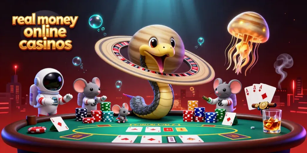 Experience real money online casinos with astronaut mice betting around a Saturn roulette wheel.
