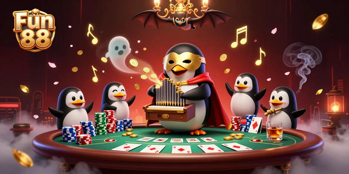 Engage in exciting gameplay at Fun 88, where a whimsical penguin and bat perform amidst rich casino elements.