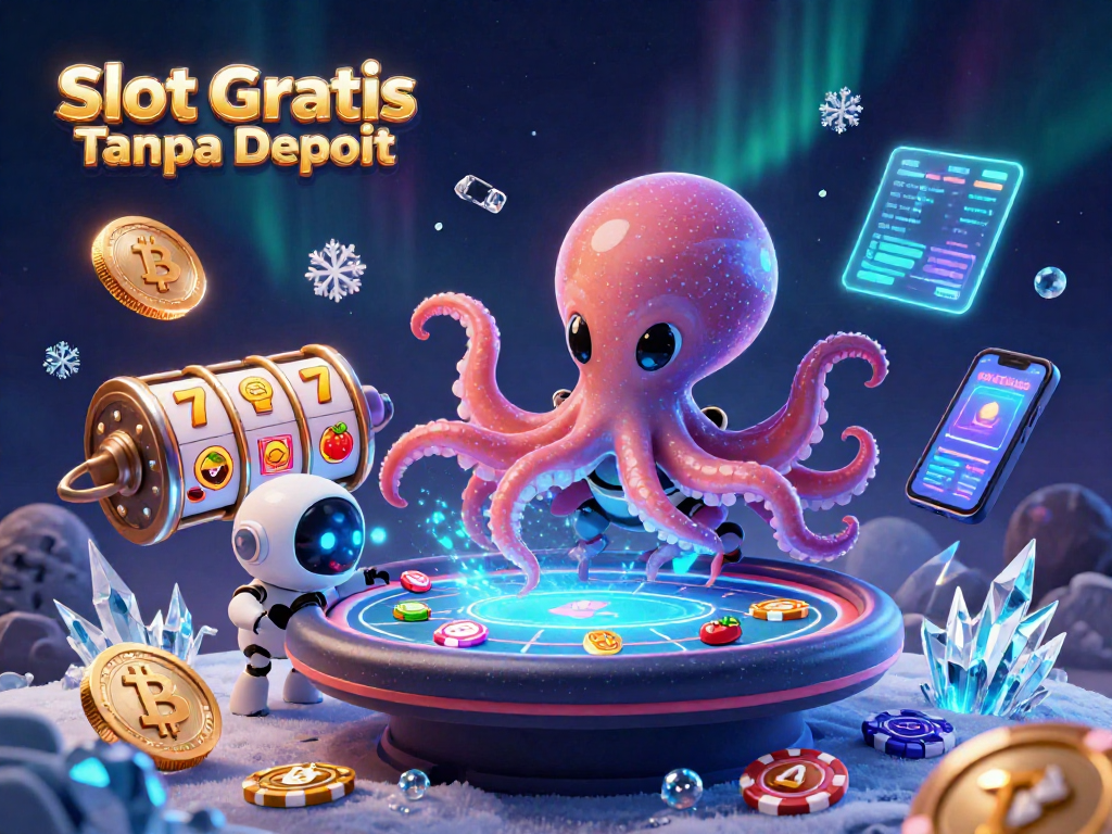 Experience excitement with Slot Gratis Tanpa Deposit as a vibrant alien octopus operates a poker table.