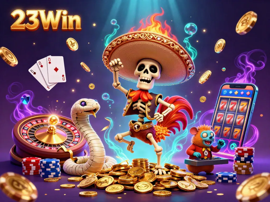 Experience thrilling wins at 23Win with a dynamic casino scene showcasing vivid characters and action.
