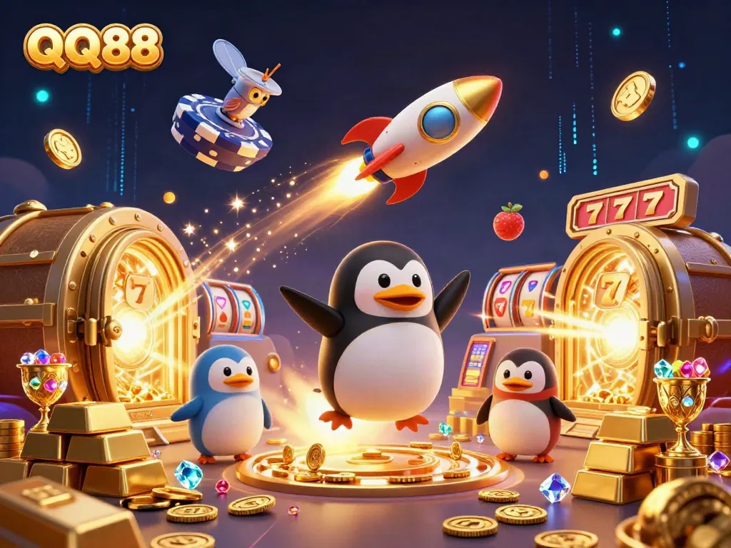 Experience QQ88 online gaming with a dynamic rocket-powered penguin racing to a vibrant casino space station.