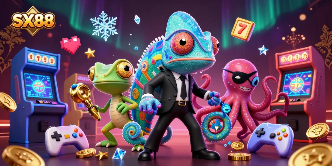 SX88 chameleon agent leads a vibrant gaming scene with slots and technology elements.