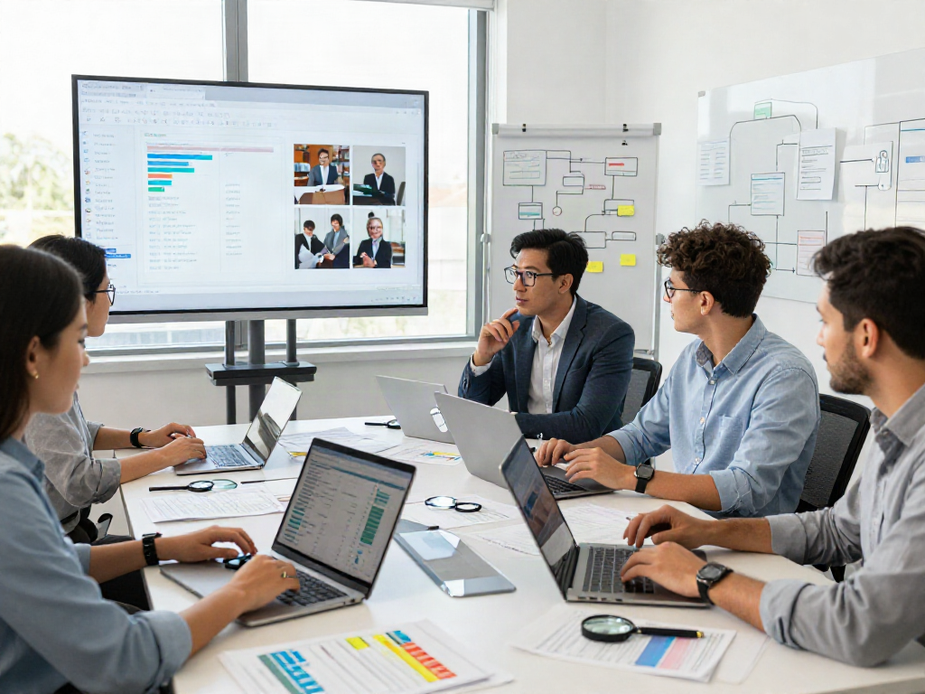 Document fraud detection solution team collaboration in a modern office setting, showcasing analytics and teamwork.