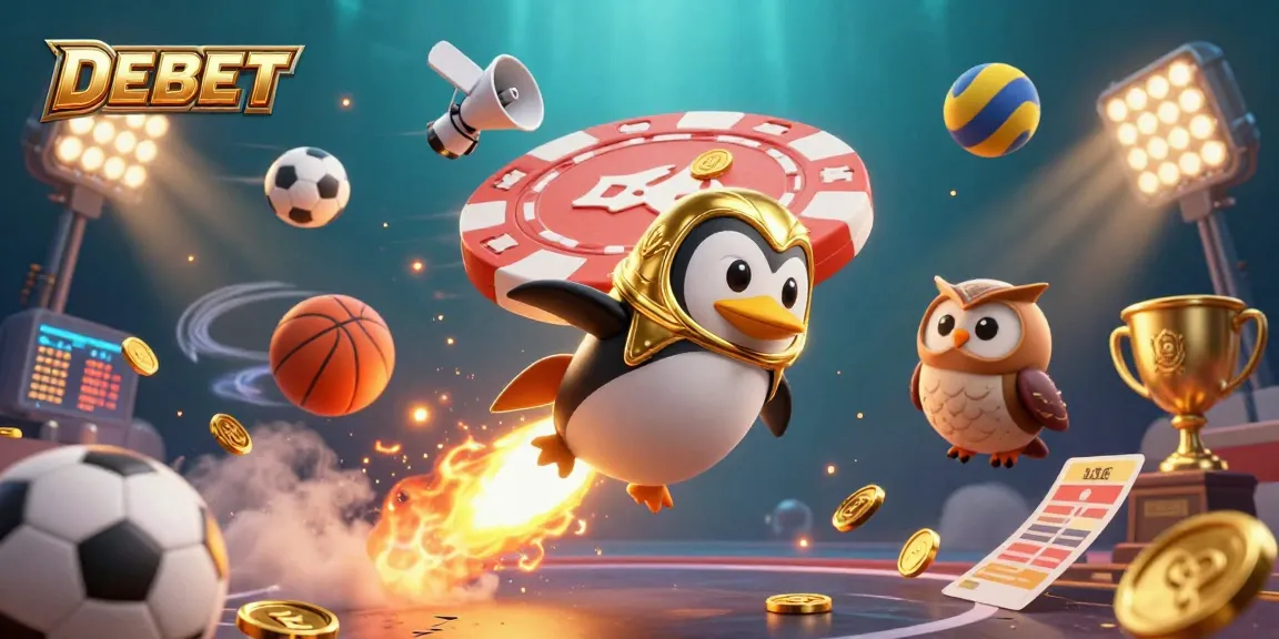 Bet on DEBET with a rocket-powered penguin igniting space adventures in a vibrant casino scene.