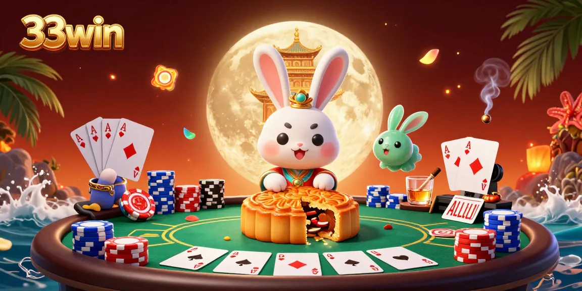 Engage in the exciting world of 33win with a vibrant casino-themed scene featuring a moon rabbit and poker elements.
