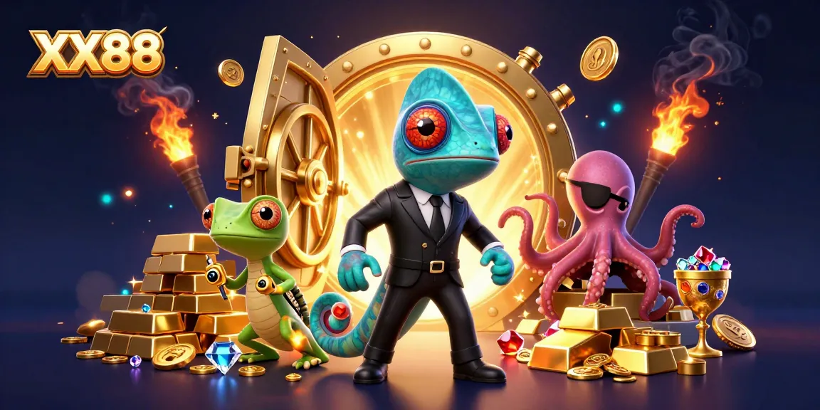 Engaging XX88 cartoon illustration depicting a chameleon, gecko, and octopus among treasure and gold.