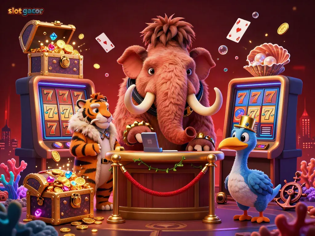 Engaging illustration of the slot gacor atmosphere with unique characters and vibrant casino elements.