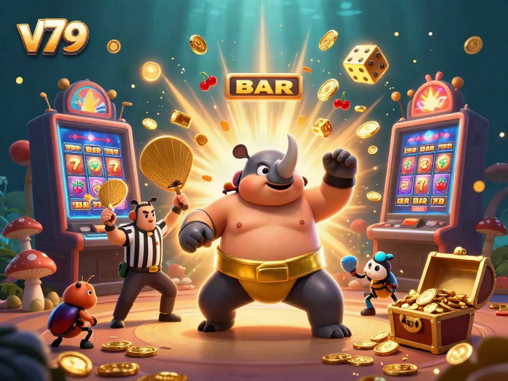 Experience thrilling gaming with V79's cartoon beetle champion amidst a jackpot explosion.
