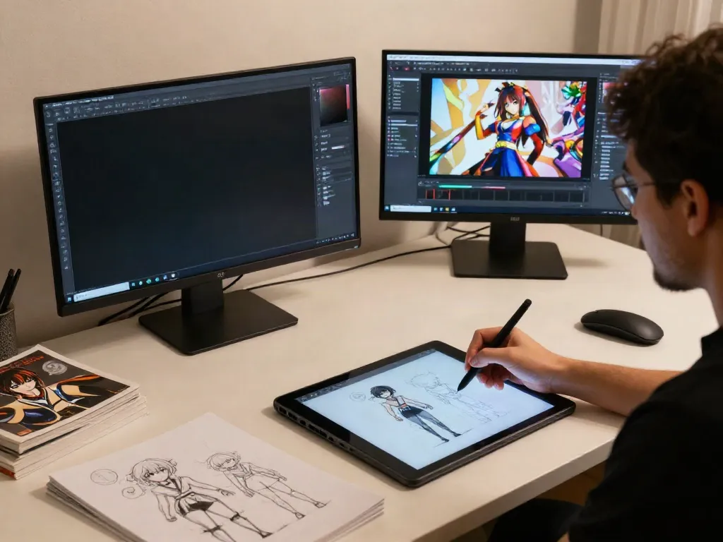 Engaging scene of hentai ai chat character design in a vibrant digital studio.