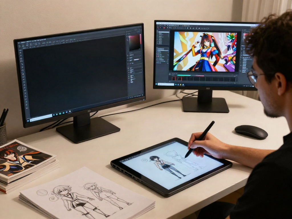 Engaging scene of hentai ai chat character design in a vibrant digital studio.
