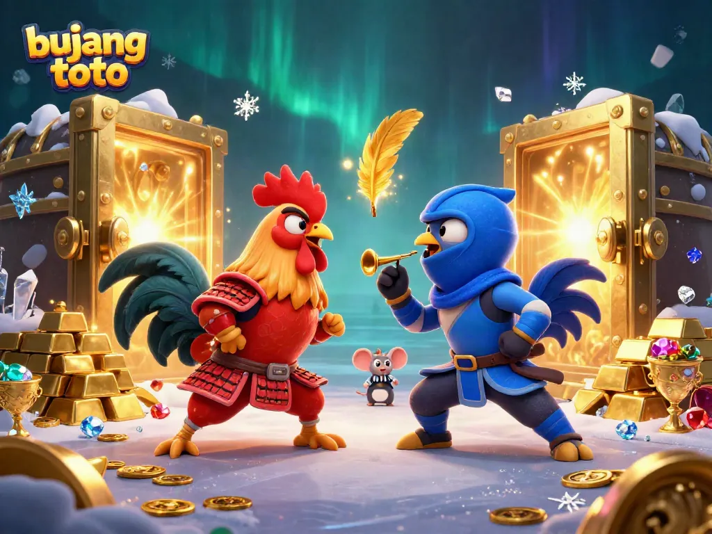Bujang toto roosters face off with golden treasures and shimmering gems in an action-packed casino scene.