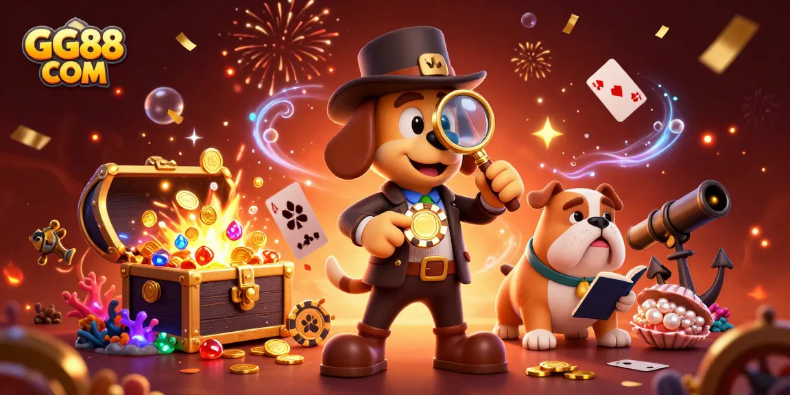 Uncover treasure with GG88 COM in a vibrant casino adventure featuring cartoon characters and gold.