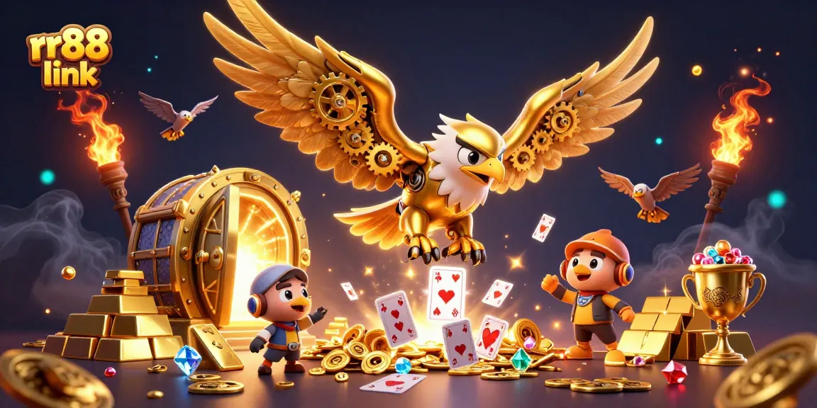 Experience thrilling wins at rr88 link with a dynamic scene of a golden eagle among cascading playing cards.