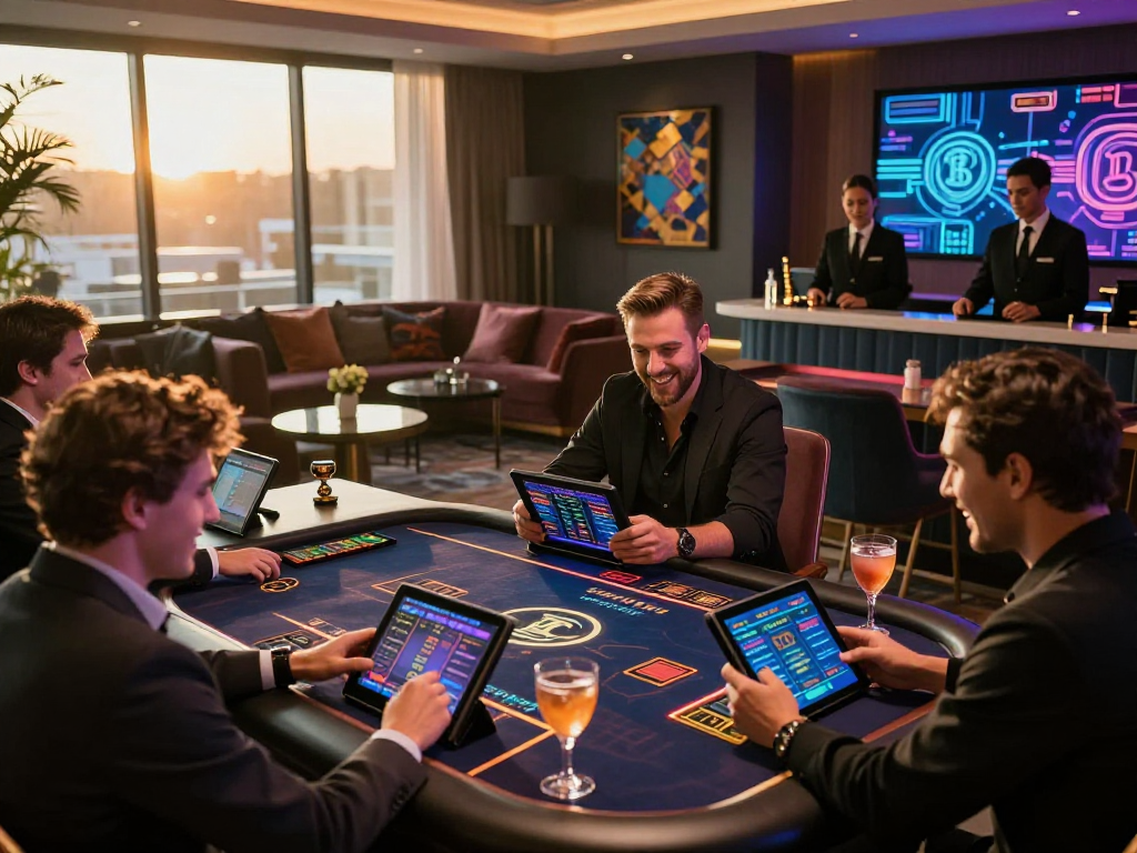 Exciting crypto casino gaming environment with players using smartphones and tablets immersed in digital gambling.