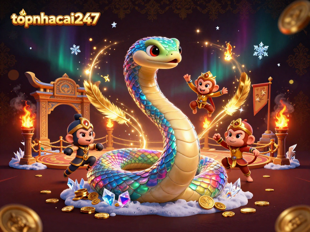 topnhacai247 showcases a vibrant 3D casino scene with colorful elements and engaging characters.