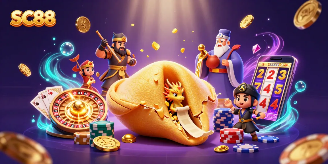 Experience SC88 with a vibrant 3D casino scene featuring a golden fortune cookie and dynamic game elements.