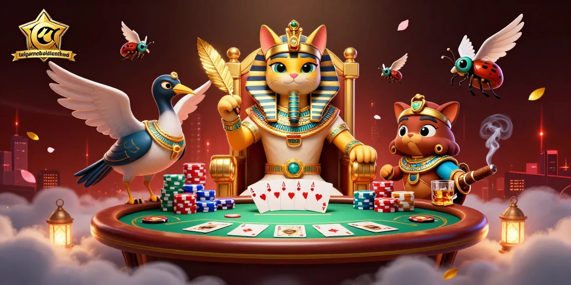 Taigamebaidienthoai - Engage with an Egyptian pharaoh cat at a vibrant poker table scene.