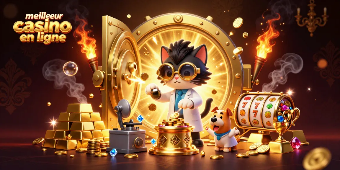 Plongez dans l'univers du meilleur casino en ligne avec un chat scientifique fou créant des pièces d'or.